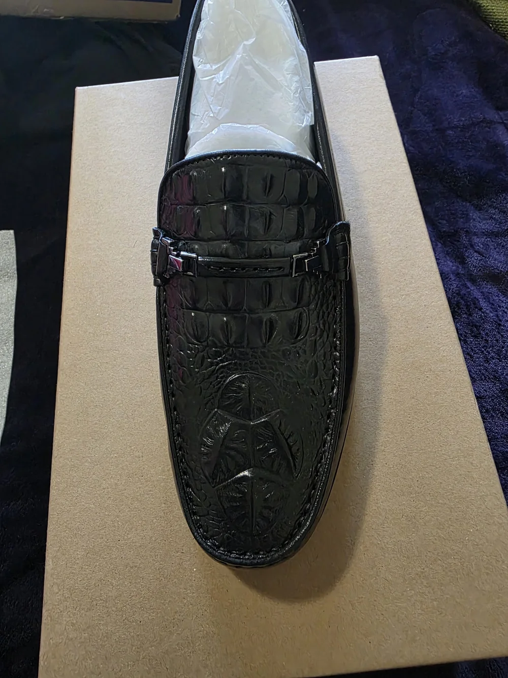 Men's Black Croc-Embossed Leather Loafers Size 10